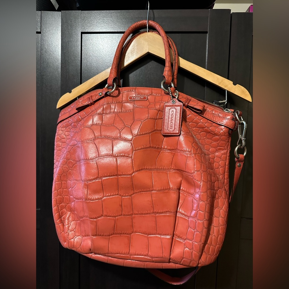 Coach Coral Croc-Embossed Leather Shoulder Bag | Authentic Designer purse